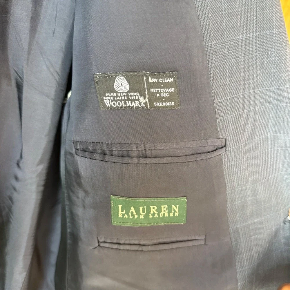 Lauren Ralph Lauren Blazer Men 46R Navy Gray Check Wool Sport Coat Pure New Wool